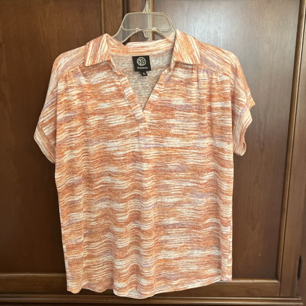 Bobeau Womens Space Dye Knit Top Orange White Purple V-Neck Collared Boxy M